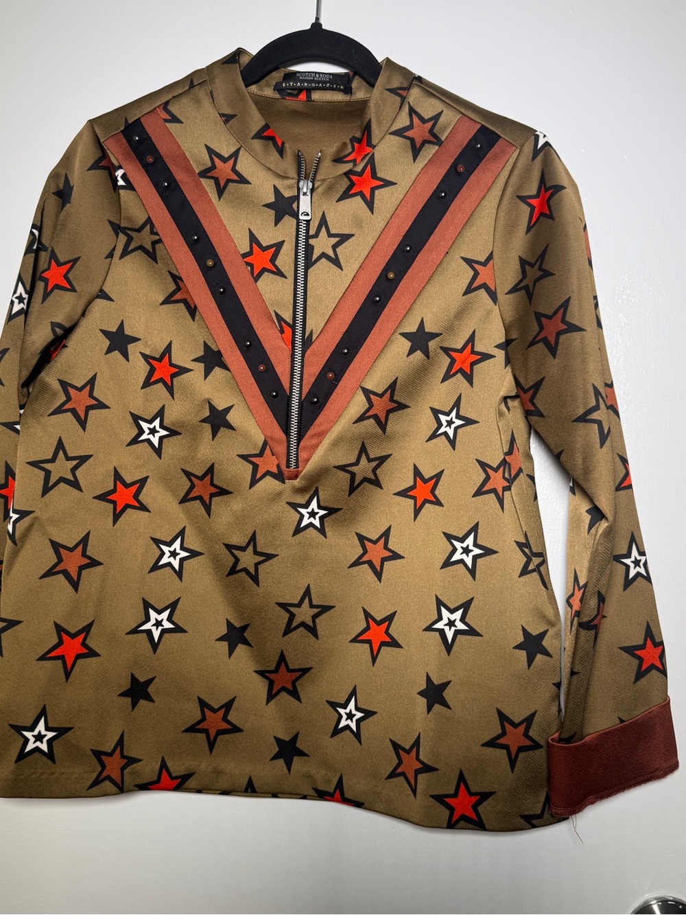 Scotch & Soda Stargazer Olive Zip Jacket with Red & Black Stars Medium
